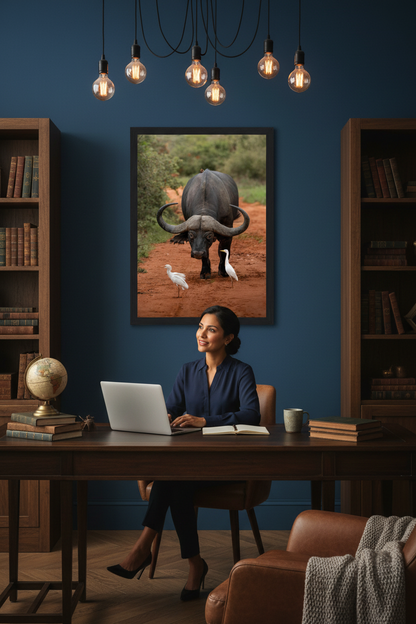 Buffle accompagné de ses hérons, Afrique du Sud — affiche premium encadrée « Puissance tranquille » (vue 3)