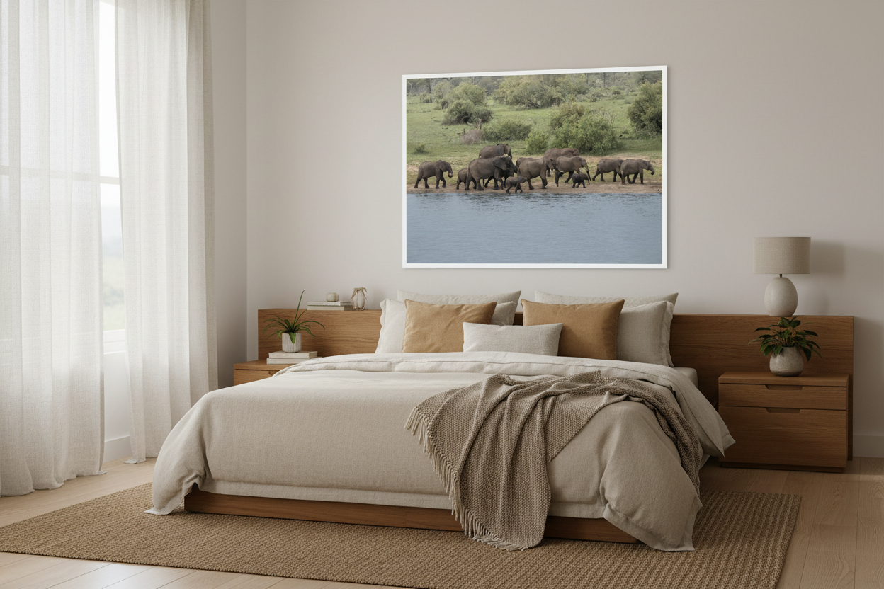 Troupeau d’éléphants en marche, Afrique du Sud — affiche premium encadrée « Sur les pas des anciens »