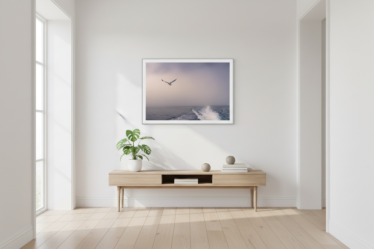 Goéland en vol au-dessus du sillage, Namibie — affiche premium encadrée « Seule sur la brume » (vue 3)