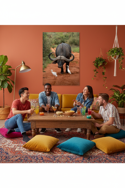 Buffle accompagné de ses hérons, Afrique du Sud — tableau aluminium « Puissance tranquille » (vue 2)