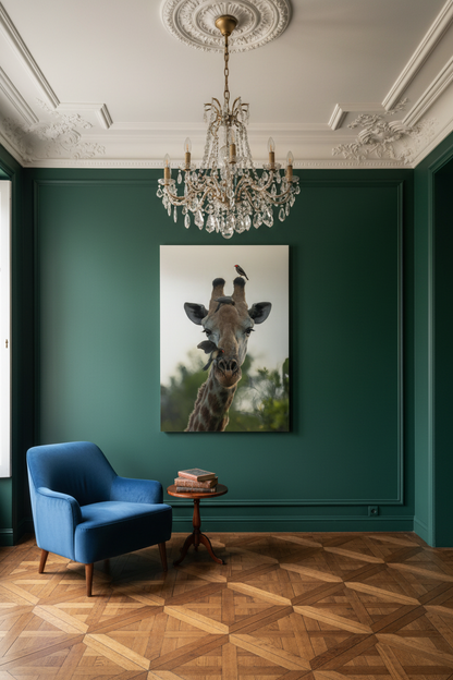 Girafe et ses pique-bœufs, Afrique du Sud — tableau aluminium « Alliance sauvage »