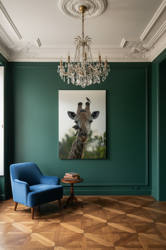 Girafe et ses pique-bœufs, Afrique du Sud — tableau aluminium « Alliance sauvage »