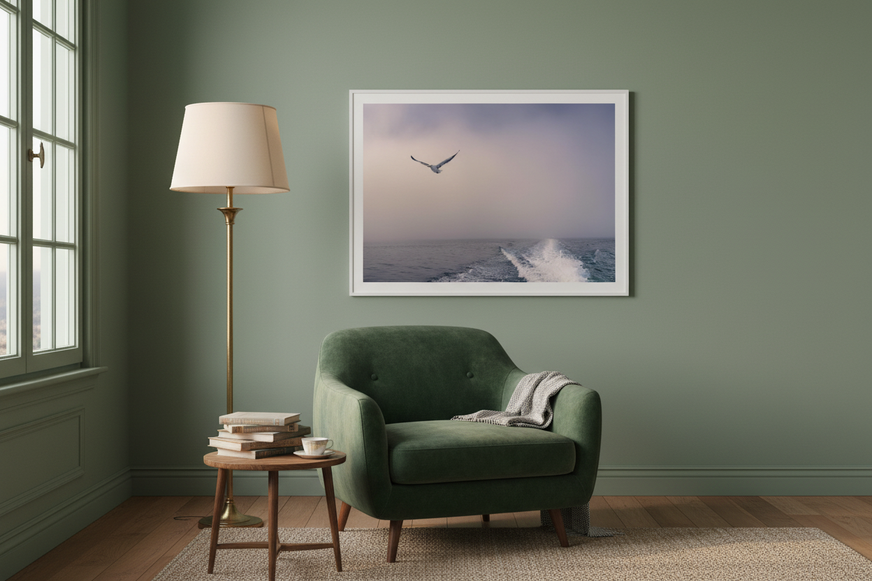 Goéland en vol au-dessus du sillage, Namibie — affiche premium encadrée « Seule sur la brume »